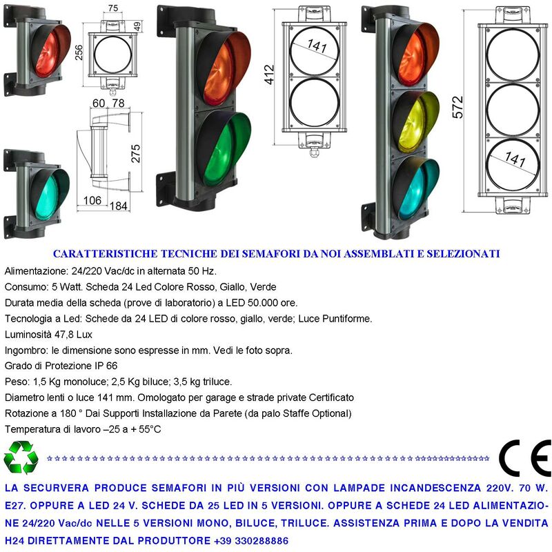 Semaforo LED 230 V Rosso-Verde Luci per Cancelli Porte Garage