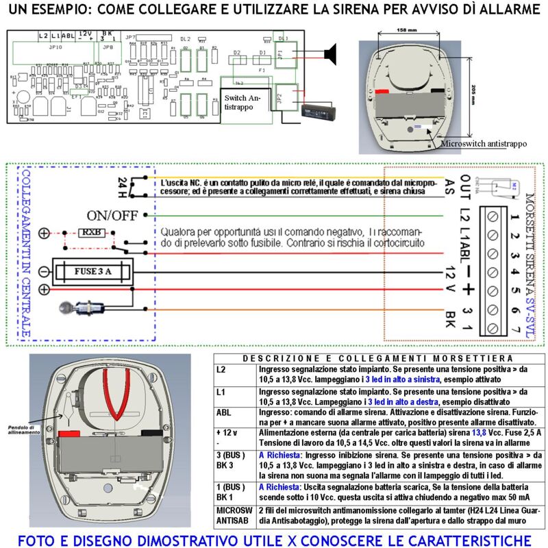 Sirena Lampeggiante a Led Esterna 2 Pezzi Binota Frequenza A/B 1724 ± 2475  Hz 115 dB Alimentazione 12 Vcc Assorbimento 1,4 Ah Vano Batteria Esclusa  Comando Allarme Caduta + Dimensioni H292XL238XP100 m