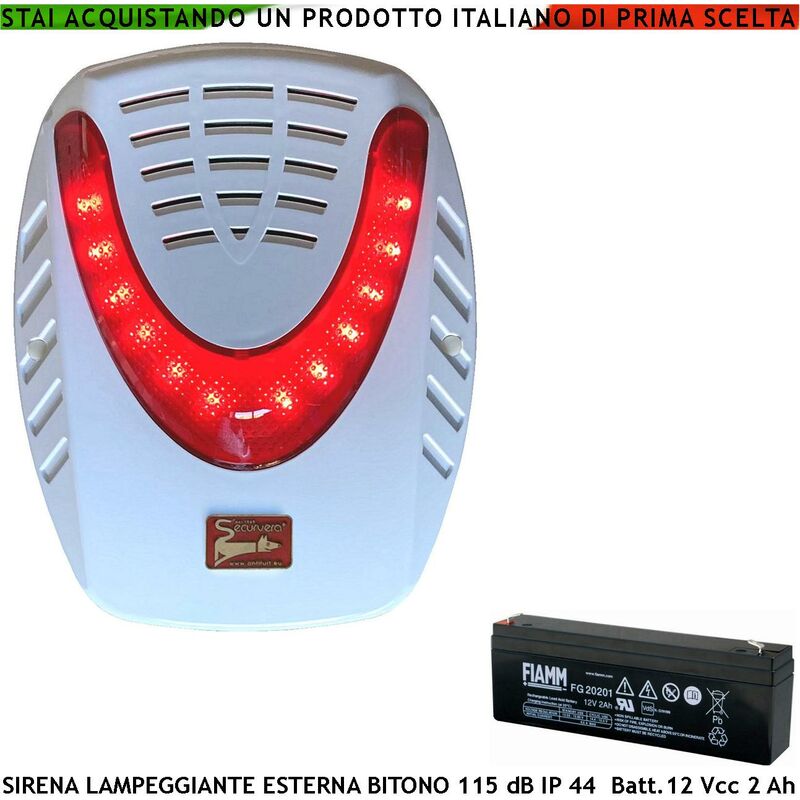 Sirena Esterna Lampeggiante a Led Melodia Binota Frequenza A/B 1724 ± 2475  Hz 115 dB Comando Allarme Caduta + Dimensioni H292XL238XP100 mm Peso 2,4 Kg  Batteria Fiamm 12 V 2 Ah Selezionata Securvera Du