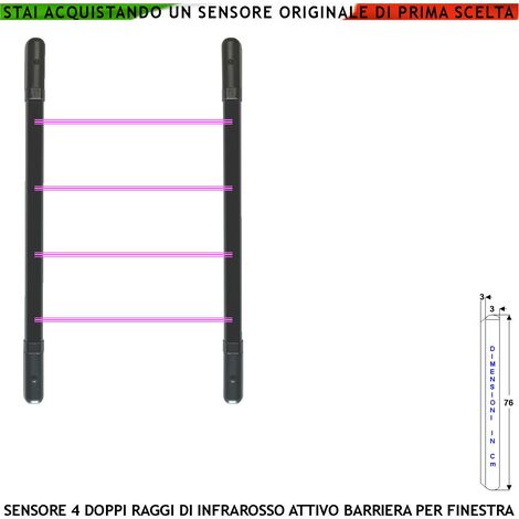 Barriera Infrarossi Attivi 4 Multifasci Segnalazione Allarme Rispetto a Quanti Fasci Interrotti Secondo Programmazione Relè Libero Tamper Esclusione Led e Cicalino Alimen. 12 V Misure H760XL30XP30 mm