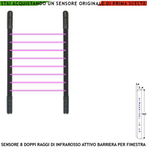 Barriera Infrarossi Attivi 8 Multifasci Segnala Allarme Rispetto alla Programmazione Dei Fasci Interrotti dal'Intruso Relè Libero Tamper Esclusione Led e Cicalino Aliment. 12 V Misure H1520XL30XP30 mm