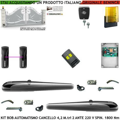 Kit Automazione Cancello 4,2 Metri 2 Ante Motori BOB21M Vite rullata 230 V Corsa 325 mm Spinta 1800 Nm Chive Sblocco Radiocomando Coppia Fotocellule Lampeggiatore a Led con Antenna Selettore 2 Chiavi (1/4)