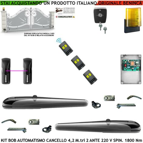 Cancello 4,2 Metri 2 Ante Kit BOB Automatismo Motori Elettromeccanici 230 V Corsa 325 mm Spinta 1800 Nm Sblocco a Chiva Coppia Fotocellule 3 Radiocomandi Lampeggiatore a Led con Antenna Selettore 2 Ck (1/4)