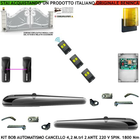 Cancello 4,2 Metri 2 Ante Kit BOB Automatismo Motori Elettromeccanici 230 V Corsa 325 mm Spinta 1800 Nm Staffe Fissaggio Sblocco a Chive 3 Radiocomandi Coppia Fotocellule Lampeggiante Led con Antenna (1/4)
