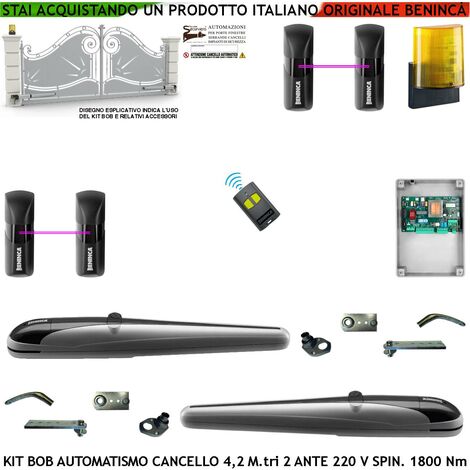 Kit BOB Automatismo Cancello 4,2 Metri 2 Ante Motori Elettromeccanici 230 V Corsa 325 mm Spinta 1800 Nm Sblocco a Chive Staffe Fissaggio Radiocomandi 2 Coppie Fotocellule Lampeggiante Led con Antenna (1/4)