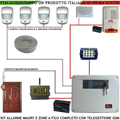 Kit Impianto Antifurto Maury Diana 5 Zone 2 Infrarossi 2 Doppia Tecnol Contatto Magn. Chiamata GSM Allarme, Telegestione Sirena Interna e Esterna Lampeggiante Tastiera 2 Codici Segreti Cavo 2+4 100 MT (1/4)