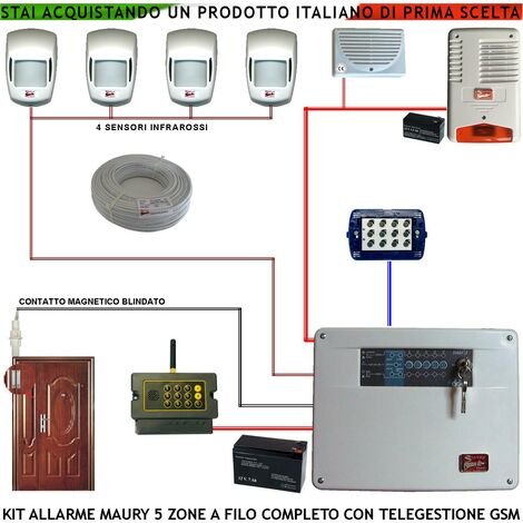 Impianto Antifurto Kit Maury Centrale 5 Zone 4 Infrarossi Contatto Corrazzato Combinatore GSM Allarme e Telegestione Sirena Interna ed Esterna Lampeggiante Tastiera 2 Codici Segreti 100 M.tri Cavo 2+4