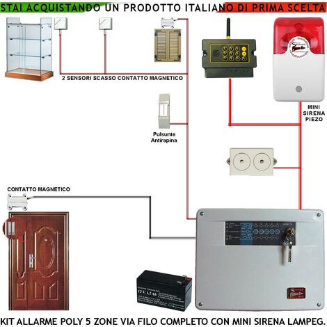 Kit Impianto Antifurto Poly Centrale a 5 Zone 2 Sensori di Sfondamento o Scasso 2 Contatti Magnetici Mini Sirena Interna ed Esterna Lampeggiante 2 Chiavi Metallo Chiamata Allarme GSM Batteria 12 V 7Ah