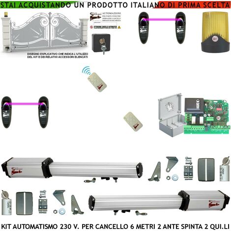 Cancello Automatico 6 Metri 2 Ante Kit Base 2 Motori Elettromeccanici 230 V Corsa 500 mm Spinta 2 Q.li Centrale Con Radio 2 Coppie di Fotocellule 2 Radiocomandi Faro 2 Chiavi Sblocco Cartello Monitore