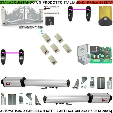 Automatismo Cancello 5 Metri 2 Ante da 2,5 MT Kit 2 Motori Elettromeccanici 230 V Corsa 400mm Spinta 2 Q.li Sblocco Staffe 6 Radiocomandi 2 Coppie Fotocellule Faro Selettore 2 Chiavi Cartello Monitore (1/5)