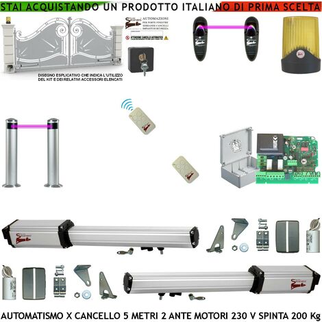 Cancello Elettrico 5 Metri 2 Ante da 2,5 MT Kit Motori Elettromeccanici 230V Sblocco Corsa 300mm Spinta 2 Q.li Staffe 2 Radiocomandi 2 Coppie Fotocellule 2 Paline Selettore 2 Ck Faro Cartello Monitore (1/5)