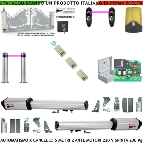 Cancello Elettrico 5 Metri 2 Ante da 2,5 MT Kit Motori Elettromeccanici 230V Sblocco Corsa 300mm Spinta 2 Q.li Staffe 3 Radiocomandi 2 Coppie Fotocellule 2 Paline Selettore 2 Ck Faro Cartello Monitore (1/5)