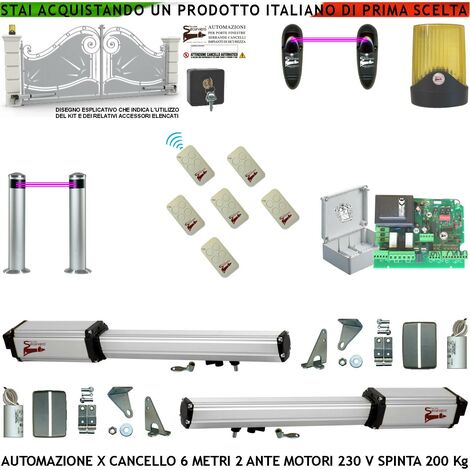Cancello Automatico 6 Metri 2 Ante da 3 MT Kit Motori Elettromeccanici 230 V Sblocco Corsa 500mm Spinta 2 Q.tali Staffe 6 Radiocomandi 2 Coppie Fotocellule 2 Pali Selettore 2 Ck Faro Cartello Monitore (1/5)