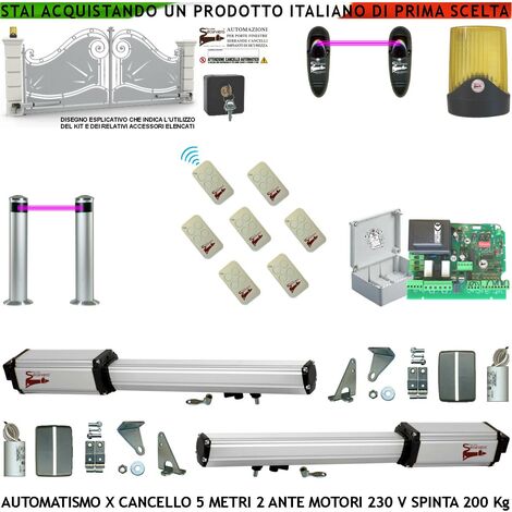Cancello Automatico 5 Metri 2 Ante da 2,5 MT Kit Motori Elettromeccanici 230 V Sblocco Corsa 300mm Spinta 2 Q.li Staffe 7 Radiocomandi 2 Coppie Fotocellule 2 Pali Selettore 2 Ck Faro Cartello Monitore (1/5)