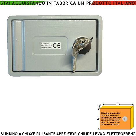Sblocco Elettrofreno Blindino in Alluminio da Incasso Con 2 Chiavi Pulsante Elettrico Apre Chiude 15A 230 V Leva di Emergenza Assenza Rete Montaggio Esterno a Parete Per Automatismi Comando Elettrico