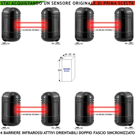 Doppio Raggio Infrarosso Attivo Barriera Orientabile 4 Pezzi Segnala Allarme Passaggio Estraneo Protezione Portata 200 MT Interno 100 MT Esterno Collegamento Filare Alim. 12V Sensore Lineare Antifurto