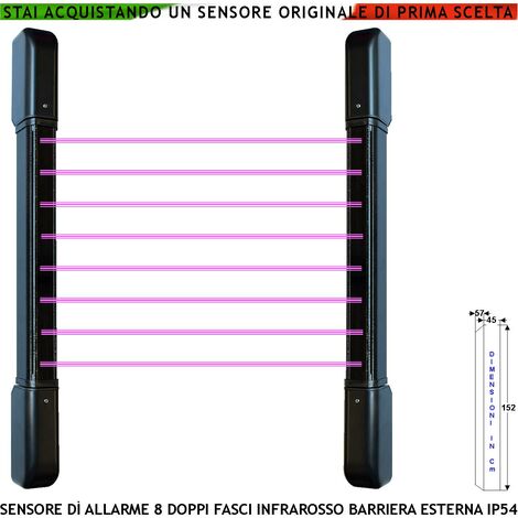 Barriera Antifurto 8 Multifasci Infrarossi Attivi Portata 100 MT Interno 50 MT Esterno H 152 Cm Allarme Estraneo Raggi Impostati Interratti Relè Libero Tamper Led e Cicalino Escludibili Aliment. 12 V