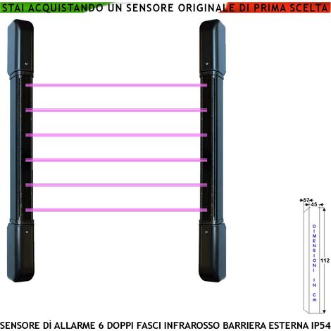 Barriera Infrarossi Attivi 6 Multifasci Portata 100 MT Interno 50 MT Esterno H 112 Cm Allarme Intruso che ha Interrotto i Raggi Impostati Relè Libero Tamper Esclusione Led e Cicalino Alimentazione 12V