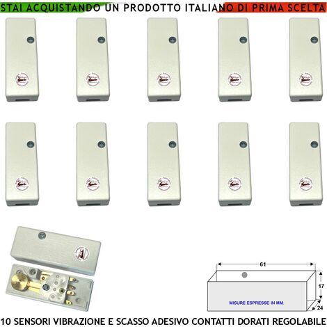 Rilevatore di Scasso Sensore di Vibrazioni Continue 10 Pezzi Per Antifurto Via Filo Per Inferriate Porte Infissi Martelletto Regolabile Contatto Allarme NC Tamper Contenitore Adesivo ABS Bianco IP30