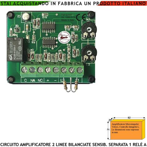 Amplificatore di Microimpulsi Per Sensori di Allarme Inerziali o Vibratori Analizza Tentativi di Effrazione o Scasso 2 Linee Bilanciate Regolazione Separata della Sensibilità Uscita Relè Sc. 1 A a 24V