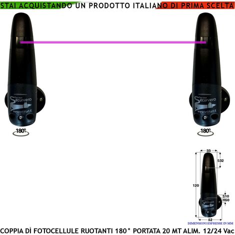 Fotocellule Orientabili 180° in Orizzontale Una Coppia TX e RX Portata 20 Metri Controllo Movimento Sicurezza Cancello Automatico Montaggio a Parete Oppure Palina Alimentazione 12/24 Vac Protezin IP44 (1/4)