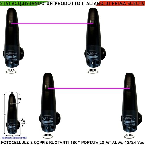 Fotocellule Orientabili 180° in Orizzontale Due Coppie TX e RX Portata 20 Metri Controllo Movimento Sicurezza Cancello Automatico Montaggio a Parete Oppure Palina Alimentazione 12/24 Vac Protezin IP44 (1/4)
