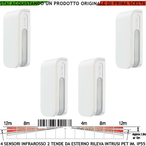 Infrarosso 4 PIR Quatro Sensori di Movimento Doppia Tenda da Esterno Portata 12+12 MT Lineari Regolabile Via Filo Relè Allarme Protezione in linea Finestre Ponteggi Alimentazione 12 V Assorbim. 34 mA