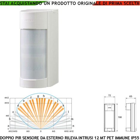 VXI Dual PIR Infrarosso Esterno Sensore di Movimento Grandangolo Con Filtri a Tenda Portata 12 MT Regolabile Via Filo Relè Allarme Protezione Contro Intrusi Aliment.e 12 V Assorb. 20 mA Cover ABS IP55