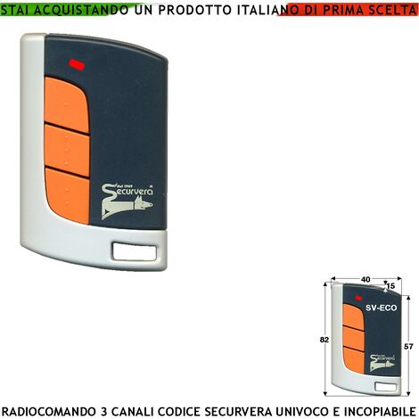 Radiocomando Cancello 3 Canali Frequenza 433,92 MHz Potenza 1 mW Portata Libera 60/100 MT Codice Sicurezza Securvera Rolling Code 66 Bit Batteria 12 V 23A Contenitore ABS Tre Colori Tasti Numerati (1/4)