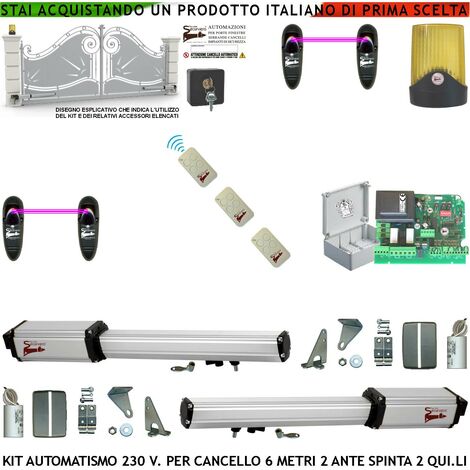Cancello Automatico 6 Metri 2 Ante da 3 MT Kit Base 2 Motori Elettromeccanici 230 V Corsa 500 mm Spinta 2 Q.li Kit Staffe 3 Radiocomandi 2 Coppie Fotocellule Faro 2 Chiavi Sblocco Cartello Monitore (1/4)