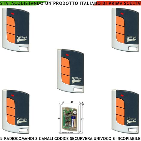 Radiocomando Cancello Automatico Cinque Pezzi Frequenza 433,92 MHz 3 Canali Numerati Potenza 1 mW Portata Libera 60/100 MT Codice Sicurezza Securvera Rolling C. 66 Bit Batteria 12V 23A Contenitore ABS (1/4)