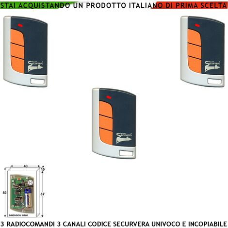 Radiocomando Cancello Automatico Tre Pezzi Frequenza 433,92 MHz 3 Canali Numerati Potenza 1 mW Portata Libera 60/100 MT Codice Sicurezza Securvera Rolling Code 66 Bit Batteria 12 V 23A Contenitore ABS (1/4)