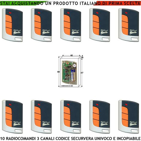 Telecomando Radiocomando 3 Canali Frequenza 433,92 MHz Potenza 1 mW Dieci Pezzi Portata Aria Libera 60/100 MT Codice Securvera Rolling Code 66 Bit Batteria 12 V 23A Contenitore ABS Tasti Numerati (1/4)