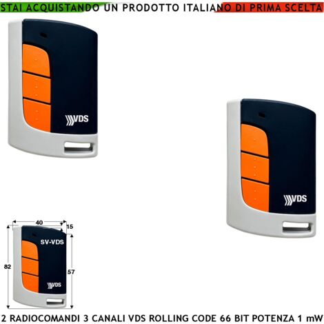 Radiocomando Cancello 3 Canali 2 Pezzi Frequenza 433,92 MHz Potenza 1 mW Portata Libera 60/100 MT Codice Sicurezza VDS Rolling Code 66 Bit Batteria 12 V 23A Contenitore ABS Tre Colori Tasti Numerati (1/4)