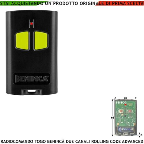 Radiocomando 2 Canali Frequenza 433,92 MHz Portata Libera 60/100 MT TO.GO Codice Sicurezza Advanced Rolling Code 128 Bit Batteria 12 V 23A Contenitore ABS Nero Tasti Gialli Comando Automatismo Benincà (1/4)