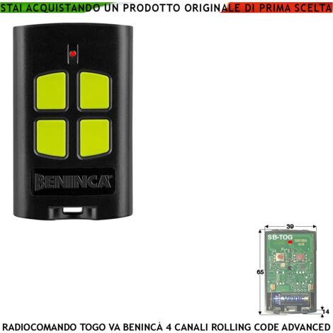 Telecomando TO.GO 4 Canali Radiocomando Freq. 433,92 MHz Portata Radio 60/100 MT Codice Advanced Rolling Code 128 Bit Batteria 12 V 23A Contenitore ABS Nero Tasti Gialli Comando Automatismo Benincà (1/4)