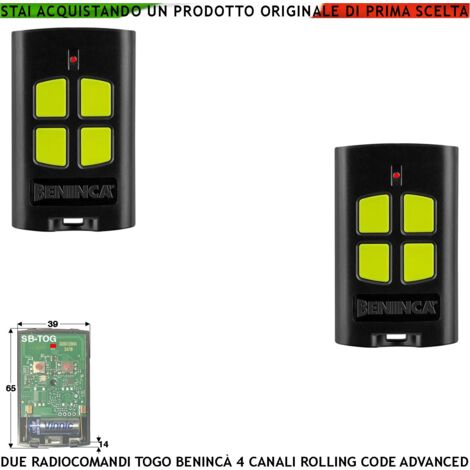 Radiocomando TO.GO 4 Canali 2 Trasmettitori Freq. 433,92 MHz Portata Radio 60/100 MT Codice Advanced Rolling Code 128 Bit Batteria 12V 23A Contenitore ABS Nero Tasti Gialli Comando Automatismo Benincà (1/4)