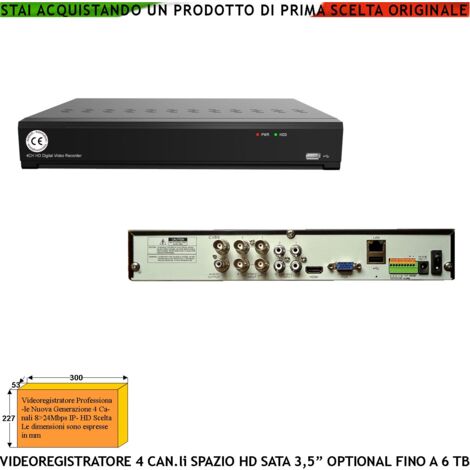 Videoregistratore Multicontrollo 4 Canali Audio Video 5MPX 2 IP Statico e Dinamico (Spazio Per HDD SATA 3.5″ Non Compreso) Rileva Movimenti da Allarme Attiva Dissuasori Connessi Alimentazione 12 Vcc (1/3)