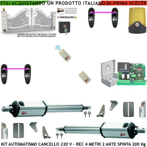Cancello Elettrico 4 MT 2 Ante Kit 2 Motori 230 V Stelo Retrattile 2 Radiocomandi 2 Coppie Fotocellule Faro Selettore Cartello Monitore Centrale Riprogrammabile Luce di Cortesia Apertura Pedonale (1/4)