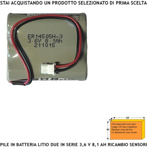 Batteria Uscita 3,6 V 8,1 Ah Pacco 3 Pile litio ER14505H Non Ricaricabili Connettore Polarizzato Ricambio Sirena Sensore Securvera Altri Dimensioni H45XL52S15 mm Pronta all'Uso Direttiva ISO 9001