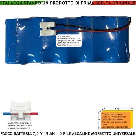 Pile Alcaline Non Ricaricabili Pacco 5 LR20 in Batteria 7,5 V 19 Ah Marca e Colore Occasionale Ricambio Qualsiasi Antifurto Morsetto Universale Interfaccia Connettore Esistente Misure L165XS34XH63 mm (1/2)