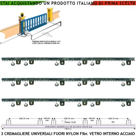 Asta Cremagliera Antiusura Universale M4 Tre Pezzi da 1 Metro in Nylon Antirumore Interno Acciaio Portata Garantita 6 Q.li Max 10 Q. 6 Bulloni X Metro Ricambio Cancello Scorrevole Giunture a Incastro (1/4)