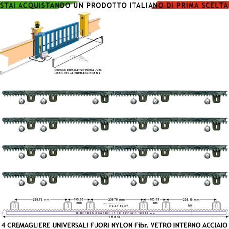 Asta Cremagliera M4 Antiusura Universale 4 Pezzi da 1 Metro in Nylon Antirumore Interno Acciaio Portata Garantita 6 Q.li Max 10 Q. 6 Bulloni Per Metro Ricambio Cancello Scorrevole Giunture a Incastro (1/4)