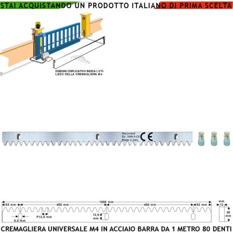 Cremagliera Universale M4 Modulo da 1 MT Con 80 Denti in Acciaio Zincato 12X30 mm Portata Garantita 22 Q.li Max 30 Q.li Fissaggio 3 Bulloni Per Metro Ricambio Cancello Scorrevole Giunture a Contatto (1/4)