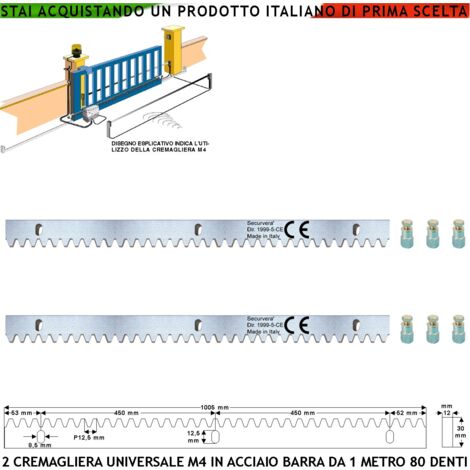 Cremagliera Universale M4 Due Barre da 1 MT Con 80 Denti in Acciaio Zincato 12X30 mm Portata Garantita 22 Q.li Max 30 Q.li Fissaggio 3 Bulloni Per Metro Ricambio Cancello Scorrevole Giunture Contatto (1/4)