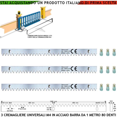 Cremagliera Universale M4 Tre Barre da 1 MT Con 80 Denti in Acciaio Zincato 12X30 mm Portata Garantita 22 Q.li Max 30 Q.li Fissaggio 3 Bulloni Per Metro Ricambio Cancello Scorrevole Giunture Contatto (1/4)