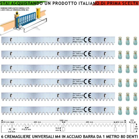 Cremagliera Universale M4 Sei Barre da 1 MT Con 80 Denti in Acciaio Zincato 12X30 mm Portata Garantita 22 Q.li Max 30 Q.li Fissaggio Tre Bulloni Per Metro Del Cancello Scorrevole Giunture Contatto
