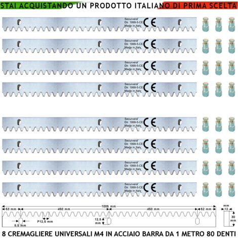 Cremagliera Universale M4 Otto Moduli da 1 MT Con 80 Denti in Acciaio Zincato 12X30 mm Portata Garantita 22 Q.li Max 30 Q.li Fissaggio 3 Bulloni Per Metro Del Cancello Scorrevole Giunture a Contatto (1/4)