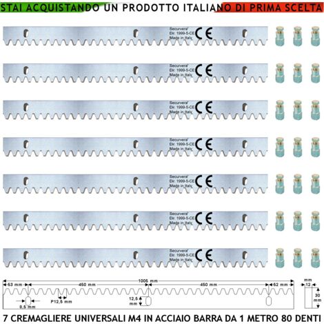 Cremagliera Universale M4 Sette Moduli da 1 MT Con 80 Denti in Acciaio Zincato 12X30 mm Portata Garantita 22 Q.li Max 30 Q.li Fissaggio 3 Bulloni Per Metro Del Cancello Scorrevole Giunture a Contatto (1/4)