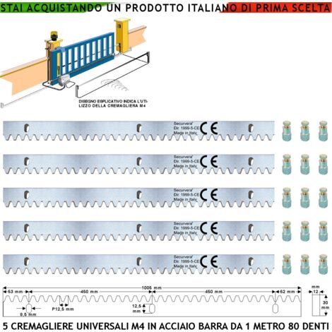 Cremagliera Universale M4 Cinque Moduli da 1 MT Con 80 Denti in Acciaio Zincato 12X30 mm Portata Garantita 22 Q.li Max 30 Q.li Fissaggio 3 Bulloni Per Metro Del Cancello Scorrevole Giunture a Contatto (1/4)